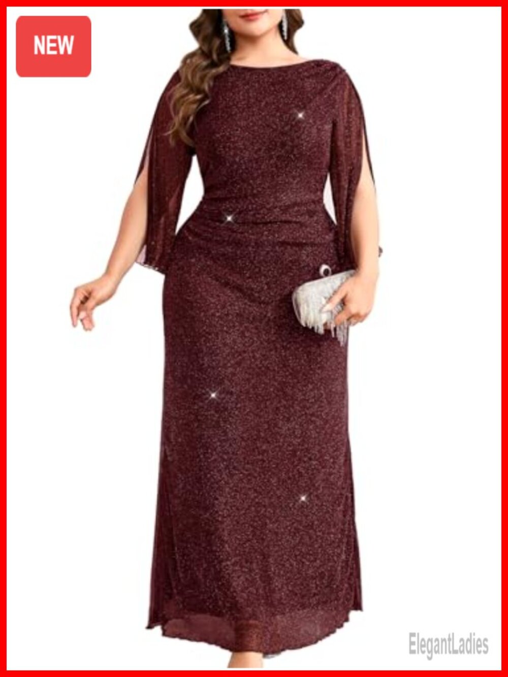 Plus Size Glitter Mesh Formal Evening Gown Petal Sleeve Ruched Maxi Dress